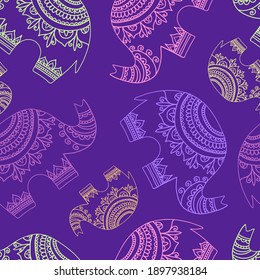 Seamless vector colorful pattern of lined elephants with ornamental decoration in purple tones. The design is perfect for coloring, textiles, backgrounds, sheets, surfaces, stickers.