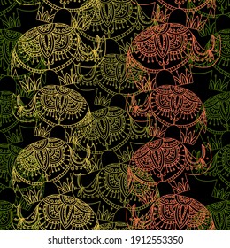 Seamless vector colorful pattern of lined orange and yellow elephants with ornamental decoration in dark tones. The design is perfect for coloring, textiles, backgrounds, sheets, surfaces, stickers.