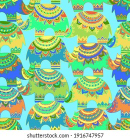 Seamless vector colorful pattern of lined pastel blue and green elephants with ornamental decoration. The design is perfect for coloring, textiles, backgrounds, sheets, surfaces, stickers.