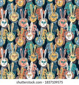 Seamless vector colorful pattern of ornamental lined bunnies in pyjamas with flowers and glasses in pastel tones. The design is perfect for nursery textiles, decorations, wallpaper, wrapping paper