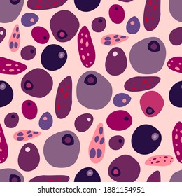 Seamless vector colorful pattern ornamental design of abstract berries in pink and purple colors. The design is perfect for textiles, backgrounds, wrapping paper, packages