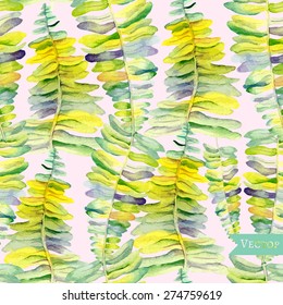 Seamless vector colorful pattern with palm and fern leaves. Modern grass background.