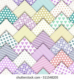 Seamless vector colorful pattern. Paper white squares with color ornaments lying on each other. Holiday packages, wallpaper, background.