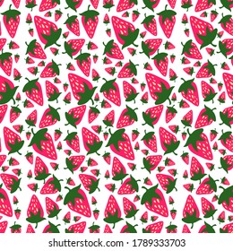 Seamless vector colorful pattern of red delicious strawberries on white background. The design is perfect for textiles, dresses, sheets, wallpapers, backgrounds, surfaces, wrapping paper.