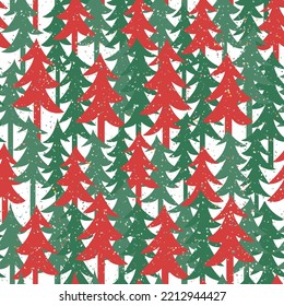 Seamless vector colorful pattern with red and green Christmas trees and snow. Christmas background with falling snowflakes in the forest. New Year's winter print on a white background.