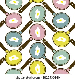Seamless vector colorful pattern of silhouettes of frying pans with fried eggs in lines on white background. The design is perfect for stickers, decorations, icons, logos, badges, advertisements