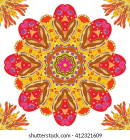 Seamless vector colorful pattern. Tracery of mandalas for textile.Vector illustration isolated on white.