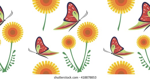 Seamless vector colorful pattern with yellow dandelions and red butterflies on the white background.