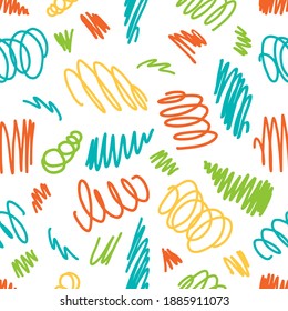 Seamless vector colorfull pattern hand drawn scrawl sketch. Freehand vector scribble line drawing. Color seamless texture vector abstract scribbles, chaos doodles. Vector seamless pattern scribble.