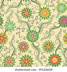 Seamless vector colourful pattern with beautiful flowers on the beige background