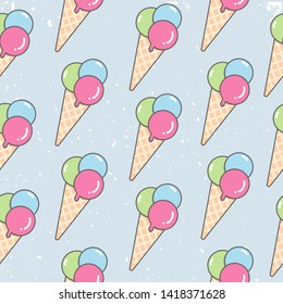 Seamless vector colourful pattern with isolated ice creams in cartoon style for your design. Endless texture can be used for wallpaper, pattern fills, web page background, surface textures.