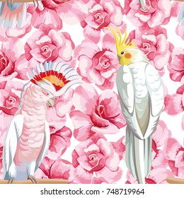 Seamless vector composition roses and parrot. Pattern beach art wallpaper