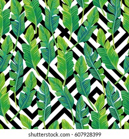 Seamless vector composition of tropical palm leaves on a black and white geometric background. Beautiful beach wallpaper