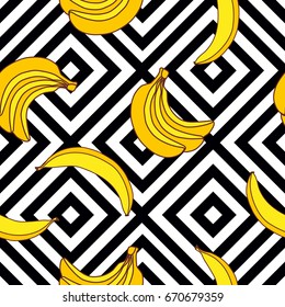 Seamless vector composition of yellow bananas on a background of geometric black-and-white.Vector drawn tropical seamless pattern on geometrical background with banana  in a sketch style.