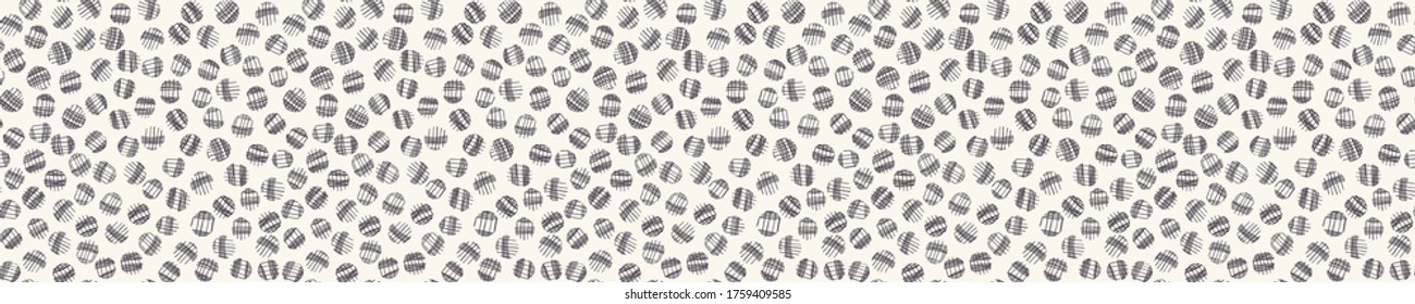 Seamless vector confetti black white texture banner pattern. Hand drawn modern doodle circle dot ribbon trim background. Abstract irregular decorative border edging.