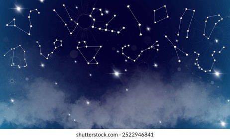 A seamless vector of constellations and stars against a dreamy night sky with misty clouds and a blue gradient. Perfect for cosmic-themed designs, backgrounds, posters, or digital prints.