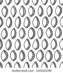 Seamless vector contemporary abstract contrast pattern of contour in shape of oval seeds/nuts roughly drawn by hand. With thicker one side and additional cuts/holes on it.