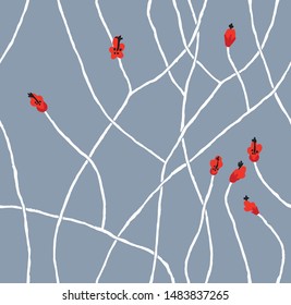 Seamless vector contemporary pattern of floral theme with contrast weaving stems with flowers in calyxes and with stamens and pestles.