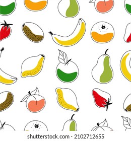 Seamless vector contour colorful pattern of fruits - apple, lemon, kiwi, peach, banana, tangerine, pear, strawberry