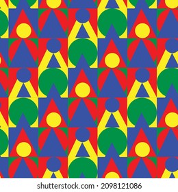 Seamless vector contrasting geometric pattern. Multicolored circles, triangles and squares.