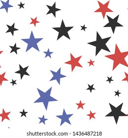 Seamless vector cosmic pattern with chaotical multicolor star shape elements. Five angled stars background. Flat night sky wallpaper. For design, fabric, textile, cover.