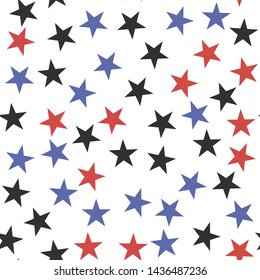 Seamless vector cosmic pattern with chaotical multicolor star shape elements. Five angled stars background. Flat night sky wallpaper. For design, fabric, textile, cover.