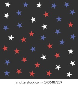 Seamless vector cosmic pattern with chaotical multicolor star shape elements. Five angled stars background. Flat night sky wallpaper. For design, fabric, textile, cover.