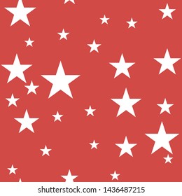 Seamless vector cosmic red pattern with chaotical white star shape elements. Five angled stars background. For design, fabric, textile, cover.