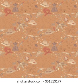 Seamless vector cowboy pattern with landscapes can be used for graphic design, textile design or web design.