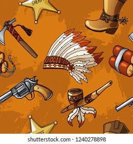 Seamless vector cowboys and indians pattern can be used for graphic design, boy kid textile, linen or web design. Brown colored background.