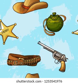 Seamless vector cowboys and indians pattern can be used for graphic design, boy kid textile, linen or web design. Isolated on skye blue background