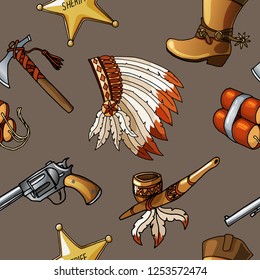 Seamless vector cowboys and indians pattern can be used for graphic design, boy kid textile, linen or web design isolated on brown background