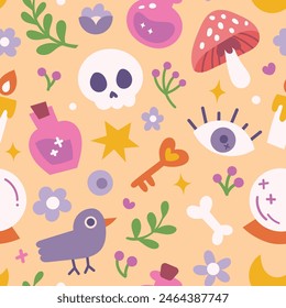 Seamless vector cozy pattern with vector halloween and magical elements. Cute background design.