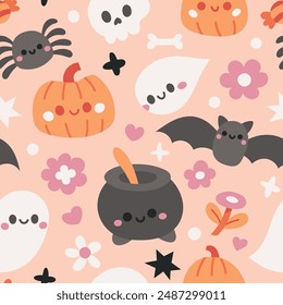 Seamless vector cozy pattern with vector halloween and magical elements. Cute season illustration design.