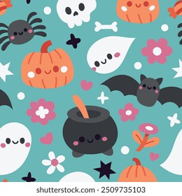 Seamless vector cozy pattern with vector halloween and magical elements. Cute background design.