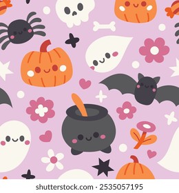Seamless vector cozy pattern with vector halloween and magical elements. Cute season illustration design.