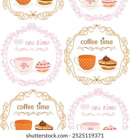 Seamless vector cozy pattern - in a pink vintage frame a cup of tea with a piece of strawberry cake, in a brown frame a cup of coffee with a chocolate cake, inscriptions tea time, and coffee time.