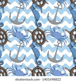 Seamless Vector Crabs, Anchor Sea Them Pattern