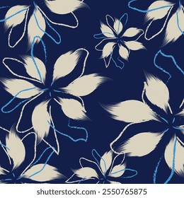 seamless vector cream flowers with leaf pattern on blue background vector. vector blue Flowers pattern design in vector, texture used for wallpaper