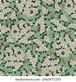 Nahtlose Vektorgrafik Creme kleine Blüten mit Blattmuster auf grünem Hintergrund