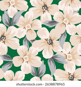 seamless vector cream stock flowers leaves pattern on green background