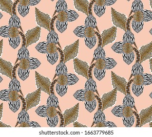 Seamless Vector. Creative exotic flowers with zebra, leopard and greek motifs. Designed for global fashion. For Textile and all surface templates. Print-ready template that can be repeated forever.