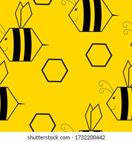Seamless vector creative pattern with funny bees and honeycombs on a yellow background for fabric, wallpaper, wrapping paper.