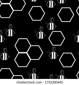Seamless vector creative pattern with funny bees and honeycombs on a black background for fabric, wallpaper, wrapping paper.