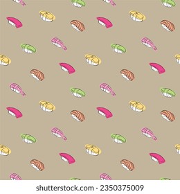 Seamless vector creative pattern with sushi or sashimi in the form of lines with color spots. For backgrounds, menu design, wallpaper, fabrics and printing products