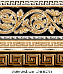 Seamless Vector. Creative traditional baroque and greek key pattern drawn with brush strokes. Designed for global fashion. For Textile and all surface templates. Repeatable ready template.