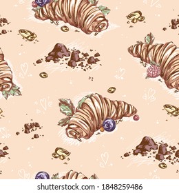 Seamless vector croissant pattern with chocolate topping and berries. Sketchy hand drawing of food. Confectionery background.