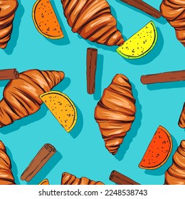 Seamless vector croissant pattern, marmalade, cinnamon. Cakes.  Sweets. Delicious pastries. Orange. Bakery seamless pattern. Hand drawn illustration. Cupcakes