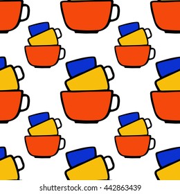 Seamless vector cups pattern on white background. Cartoon style.