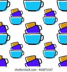 Seamless vector cups pattern on white background. Cartoon style.